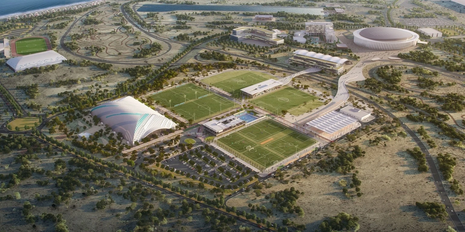 Aerial view of the pitches and sports facilities at 321 Sports in Abu Dhabi